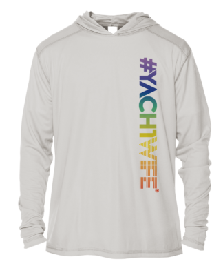 A white hoodie with the word chhlife on it, also doubling as a UV shirt.