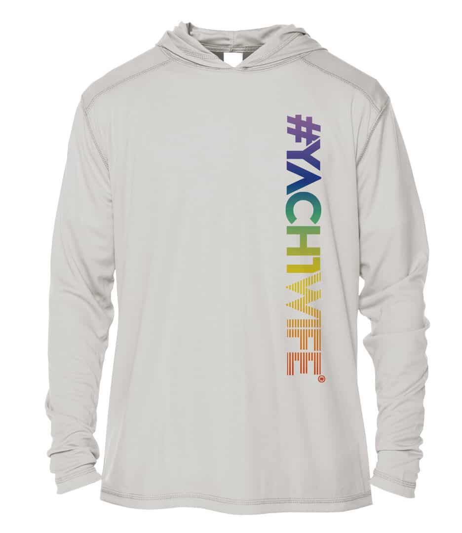 Yacht wife hoodie with rainbow #YachtWife print, UPF 50+ sun protection, perfect for sailing and out.
