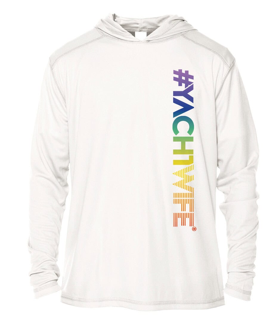 Hoodie with "#YACHTWIFE" in rainbow colors, perfect for yacht lovers and pride events.