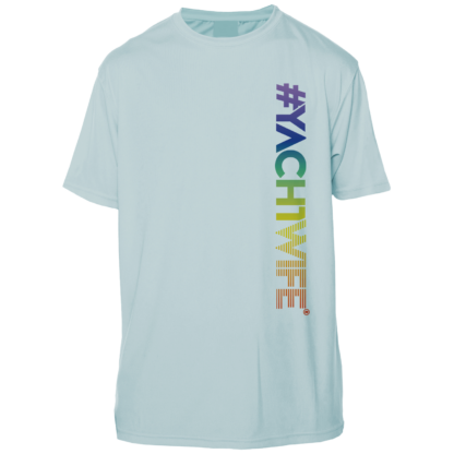 A light blue rash guard with rainbow letters on it.