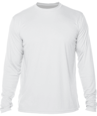 A white men's long sleeve rash guard t-shirt.