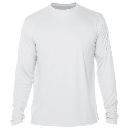 A white men's long sleeve rash guard t-shirt.
