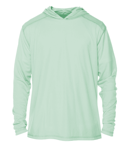 A men's green sun shirt hoodie with a hood.