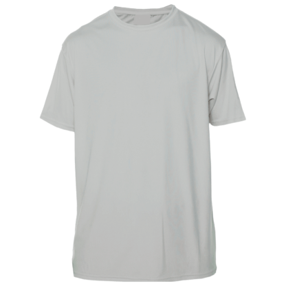A men's grey swim shirt on a white background.