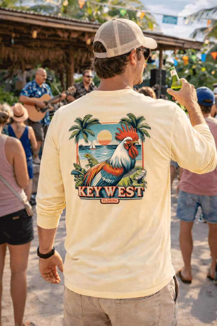 Sun protection shirt with tropical wildlife design, perfect for outdoor activities in Key West.