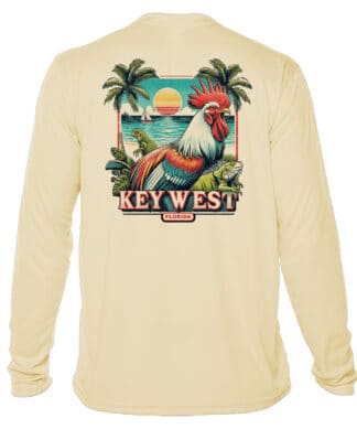 Long-sleeve shirt featuring a colorful rooster, palm trees, and sunset scene in Key West, Florida.