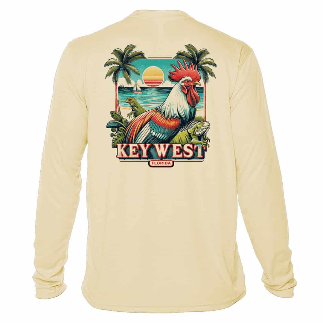 Long-sleeve shirt featuring a colorful rooster, palm trees, and sunset scene in Key West, Florida.