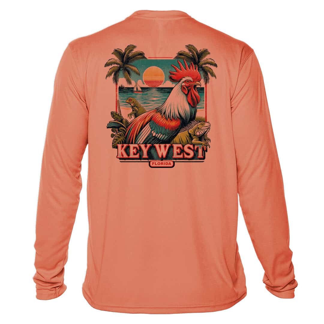 UPF 50+ salmon long sleeve sun shirt featuring a colorful rooster and tropical sunset scene, perfect.