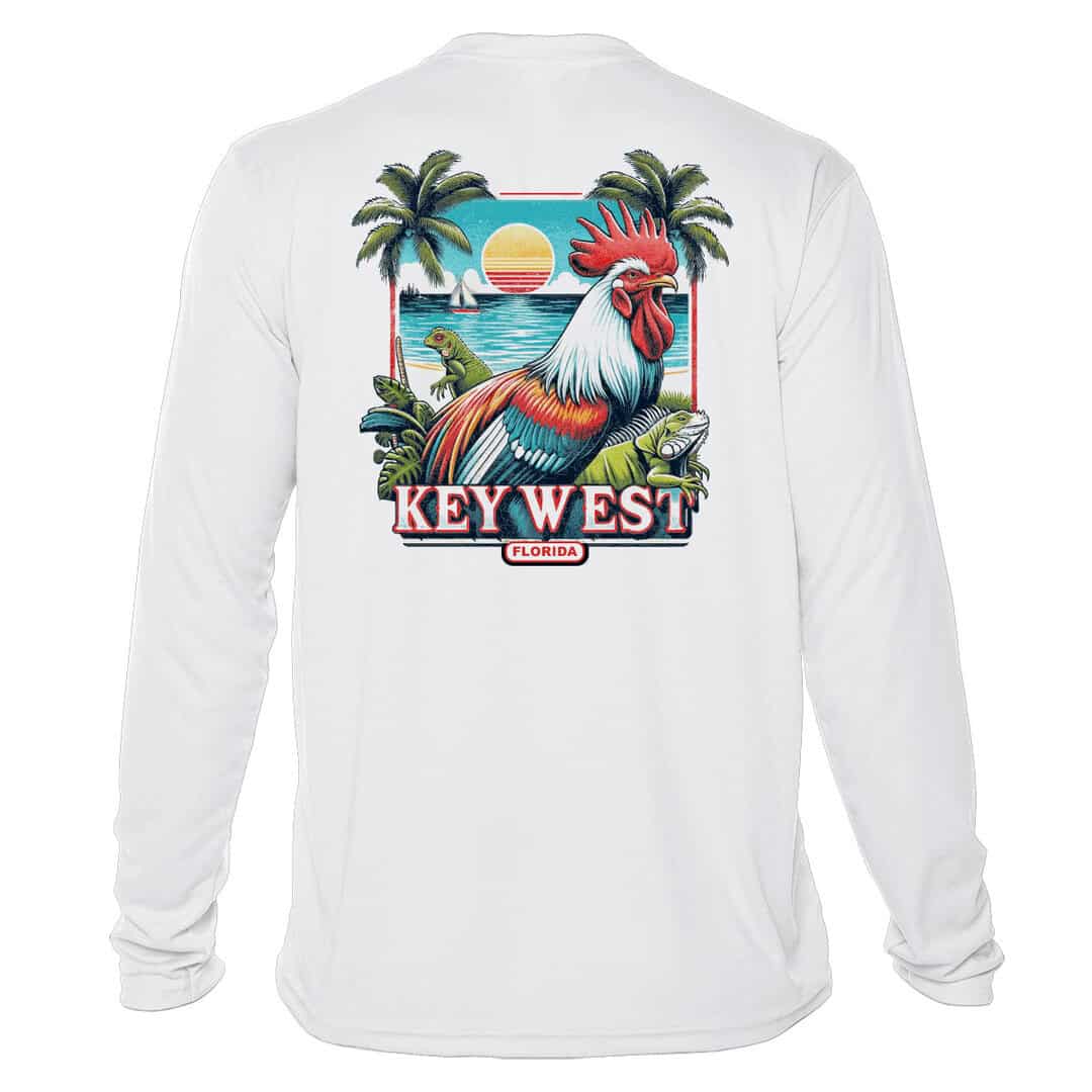 Bright white long sleeve sun shirt featuring a colorful rooster and tropical scenery for UV protecti.