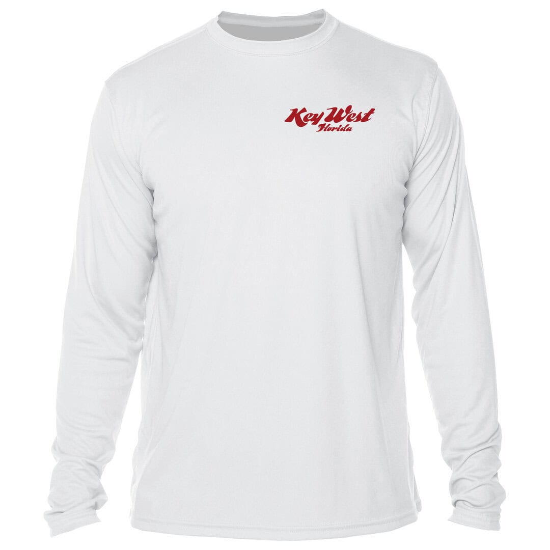 White long-sleeve shirt with "Key West Florida" logo in red.