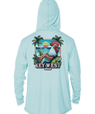 A light blue hoodie with an image of a rooster and palm trees, perfect for those sunny beach days.