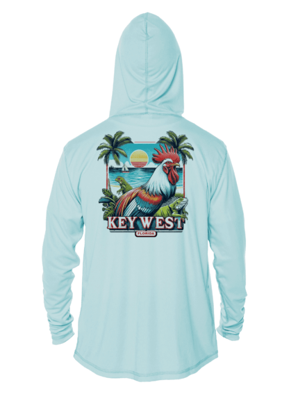 A light blue hoodie with an image of a rooster and palm trees, perfect for those sunny beach days.