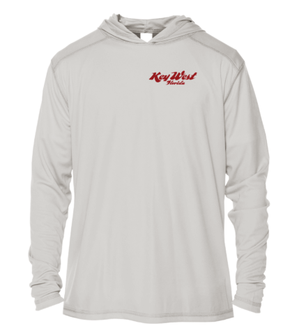 A gray hoodie with red lettering, perfect as sun protective clothing.
