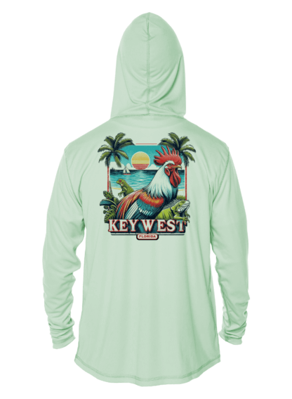 A green hoodie with an image of palm trees.