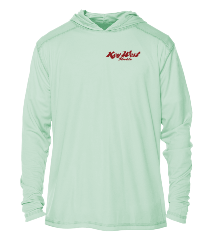A men's green hoodie with a red logo on it.