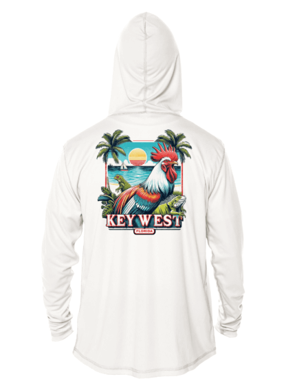 A white hoodie with an image of a rooster and palm trees, perfect as a swim shirt or UV shirt.