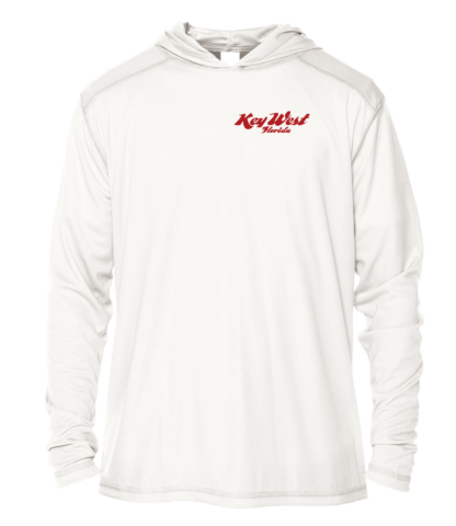 A white hoodie with a red logo on it.