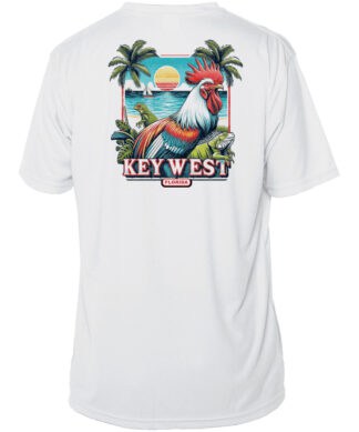 Colorful rooster graphic on white UPF 50+ sun shirt, perfect for outdoor activities in Key West.