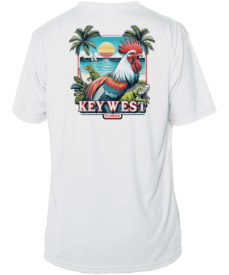 A white UV shirt with an image of a rooster and palm trees.