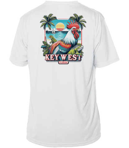 A white UV shirt with an image of a rooster and palm trees.