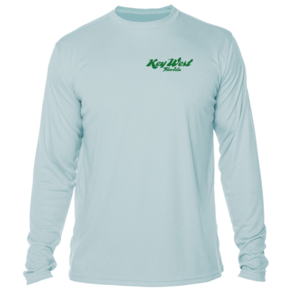 A light blue long-sleeve rash guard with a green logo.