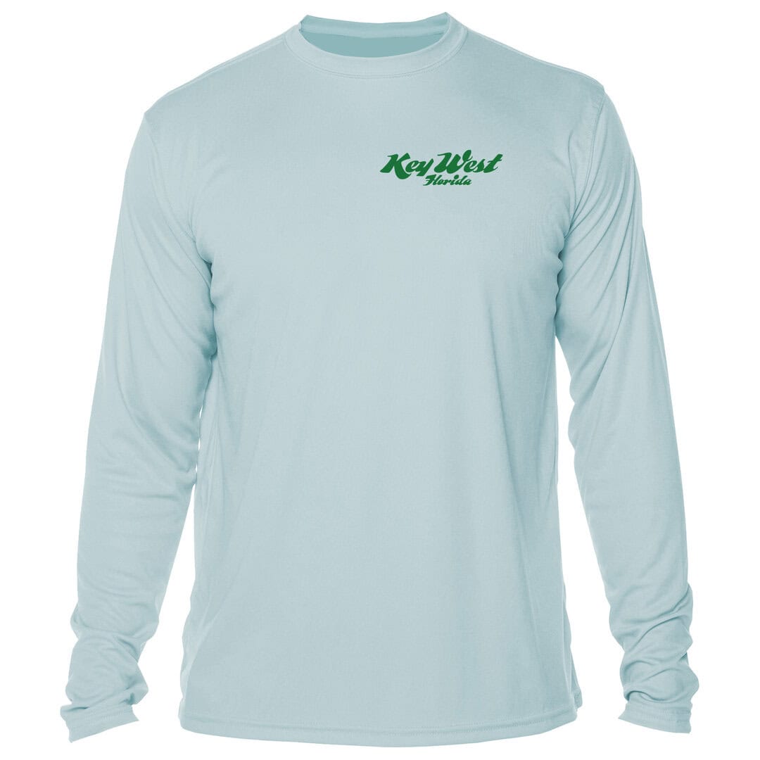 Light blue long sleeve sun shirt with "Key West Florida" logo for sun protection.
