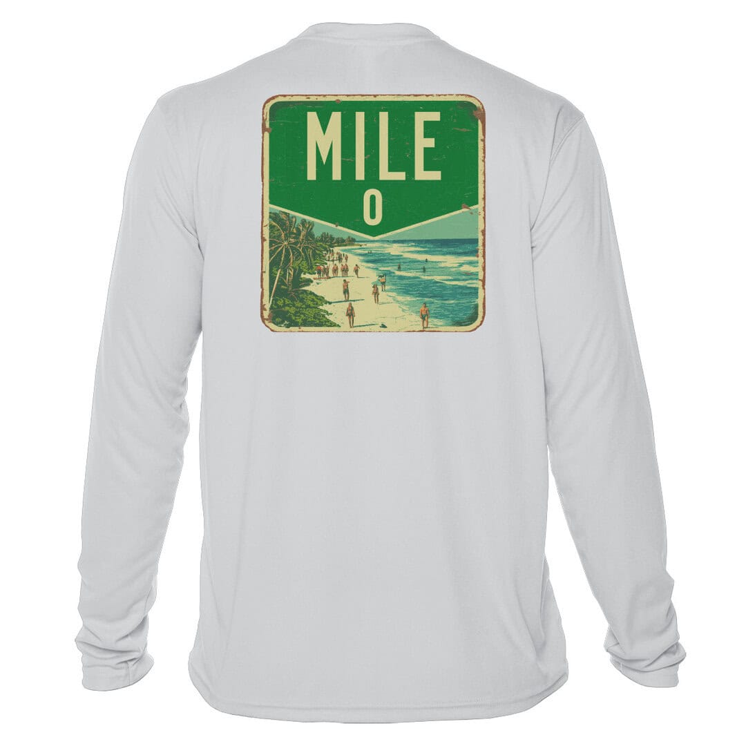 Long sleeve UPF 50+ sun shirt with Mile Zero design, Pearl Grey, XS.