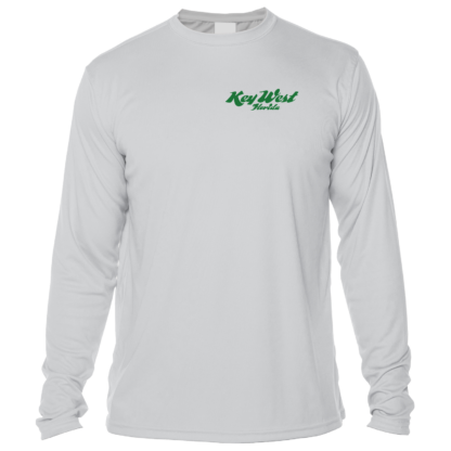 A white long-sleeve t-shirt with green lettering, suitable for sun protection.