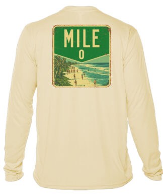 Sun Shirt with Mile Zero graphic on back, UPF 50+ protection, long sleeves, pale yellow.