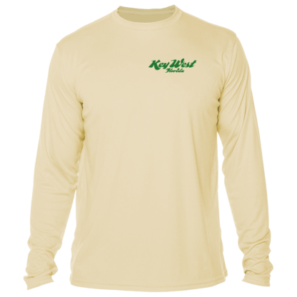 A beige long-sleeve sun protective t-shirt with a green logo.