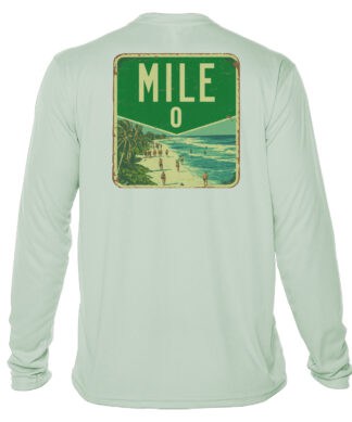 UPF 50+ long sleeve sun shirt featuring Mile Zero sign and beach scene, perfect for sun protection i.
