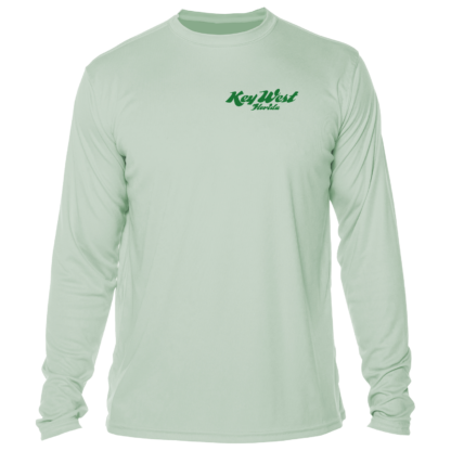 A green long-sleeve t-shirt with a sun logo.