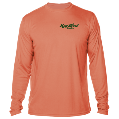 A men's orange long sleeve sun protective t-shirt with a green logo.