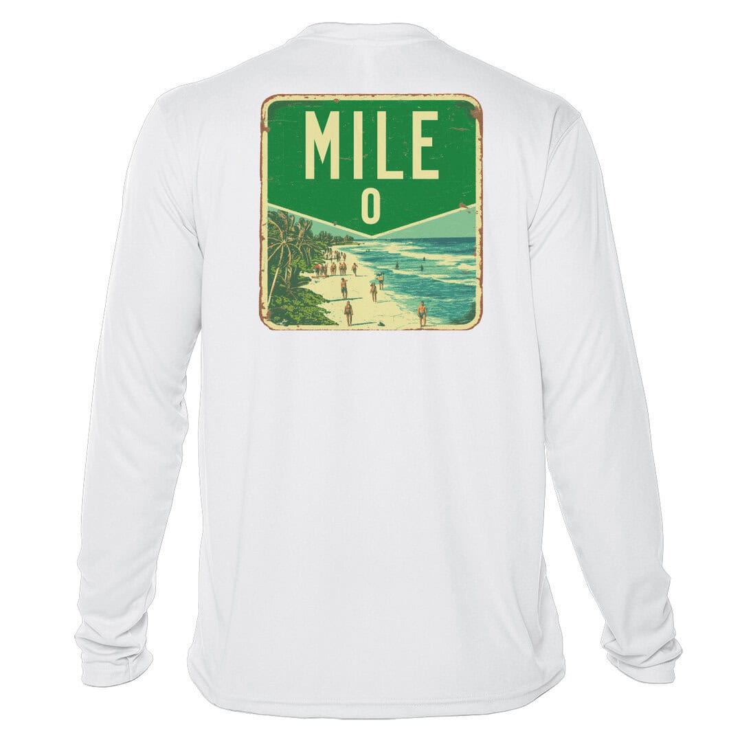 White long sleeve sun shirt with Mile Zero graphic for sun protection.
