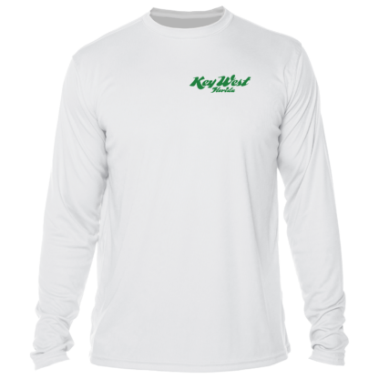A white long-sleeve sun shirt with green lettering.