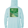 A light blue hoodie with the word mile on it.