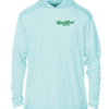 A light blue hoodie with a green logo on it, perfect as sun protective clothing.