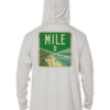A white rash guard hoodie with the word mile on it.