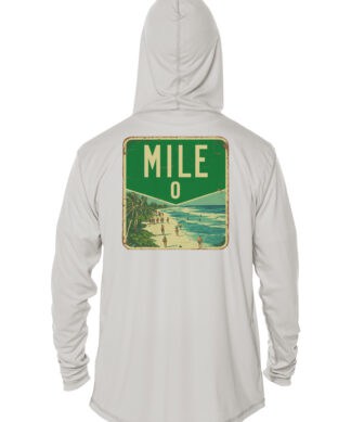 Mile Zero UPF 50+ hoodie in pearl grey, perfect for sun protection and beach style.
