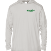 A white hoodie with green lettering and a green logo, perfect as a sun shirt.