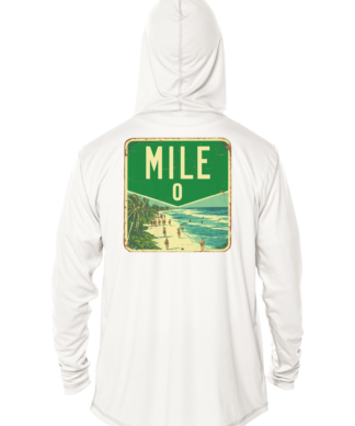 A white hoodie with the word "mile" on it, perfect as a sun shirt or UV shirt.