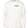 A white hoodie with a green logo on it, perfect for sun protective clothing.