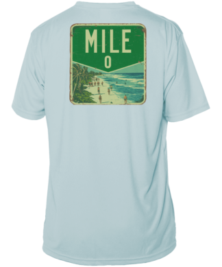 A light blue rash guard with a mile sign on it.