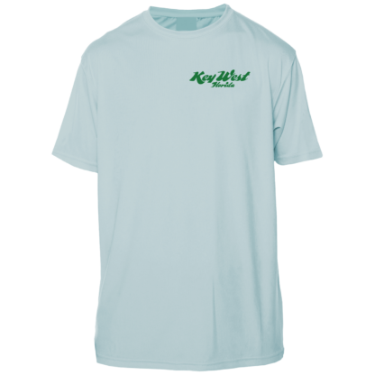 A light blue UPF shirt with a green logo.
