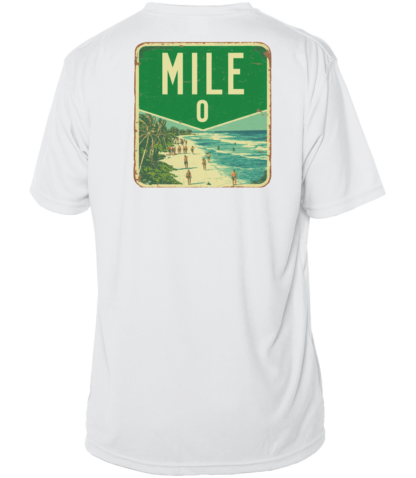 A white UV shirt with the word mile on it.