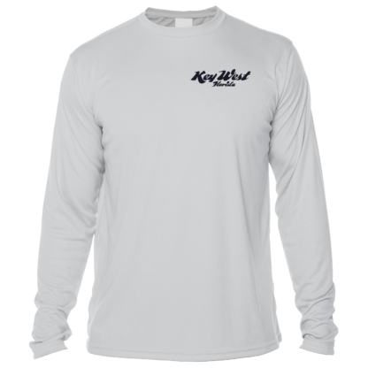 A grey long sleeve sun shirt with a logo on it.