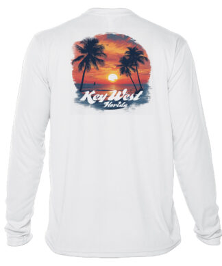 Sun protection long sleeve shirt with palm trees and sunset design, ideal for Key West outdoor activ.