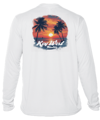 A white long-sleeve t-shirt with a sunset and palm trees, perfect as a sun shirt or for UV protection.