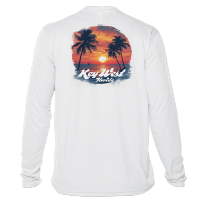 A white long-sleeve t-shirt with a sunset and palm trees, perfect as a sun shirt or for UV protection.