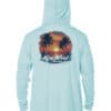 Sun protection hoodie with palm trees and sunset design, UPF 50+ for outdoor sun safety.
